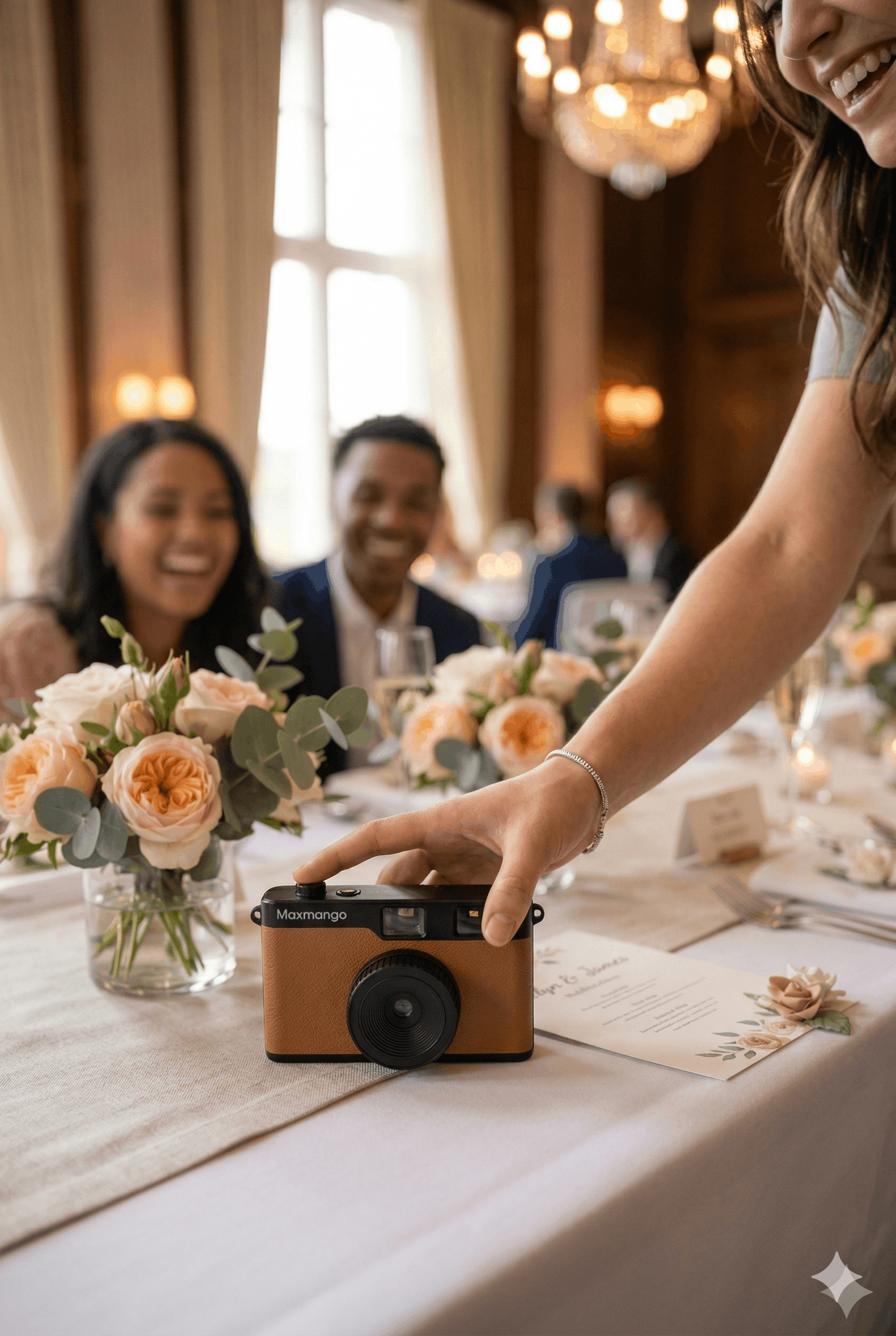 Wedding guest reaching for the retro camera on a decorated reception table