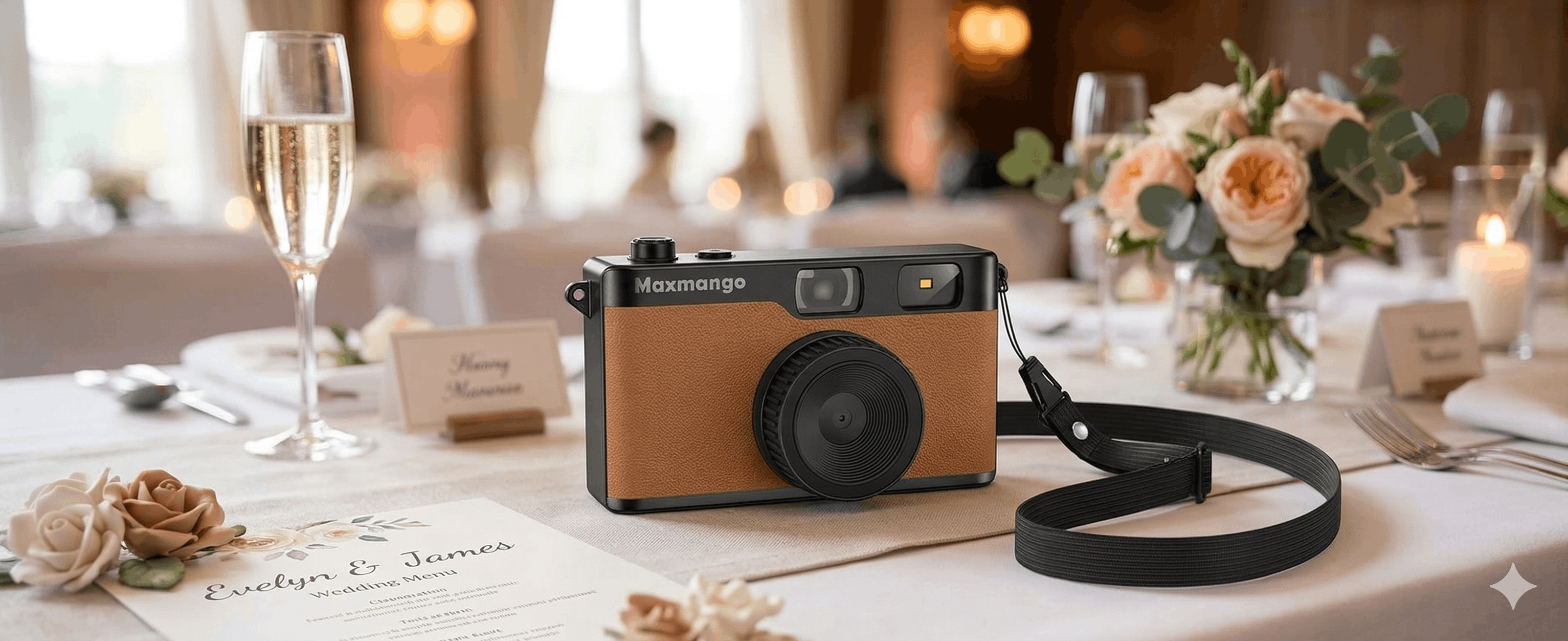 Retro camera sitting on a wedding reception table beside flowers and champagne