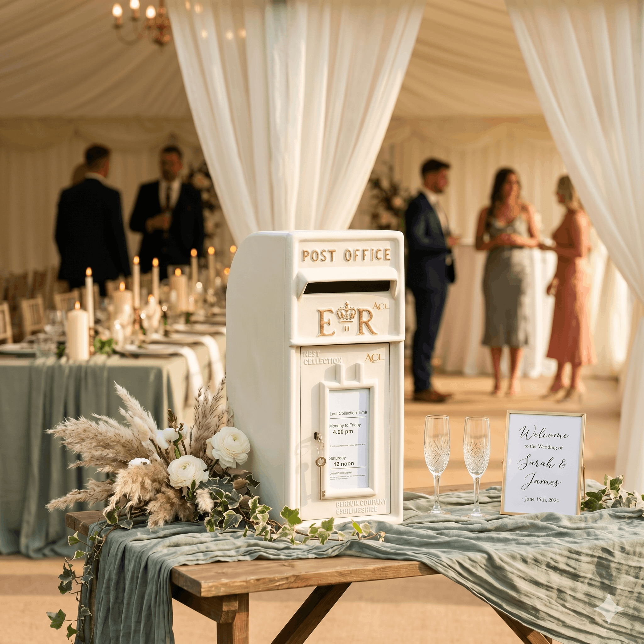 Ivory and gold wedding post box styled on a table at a marquee reception