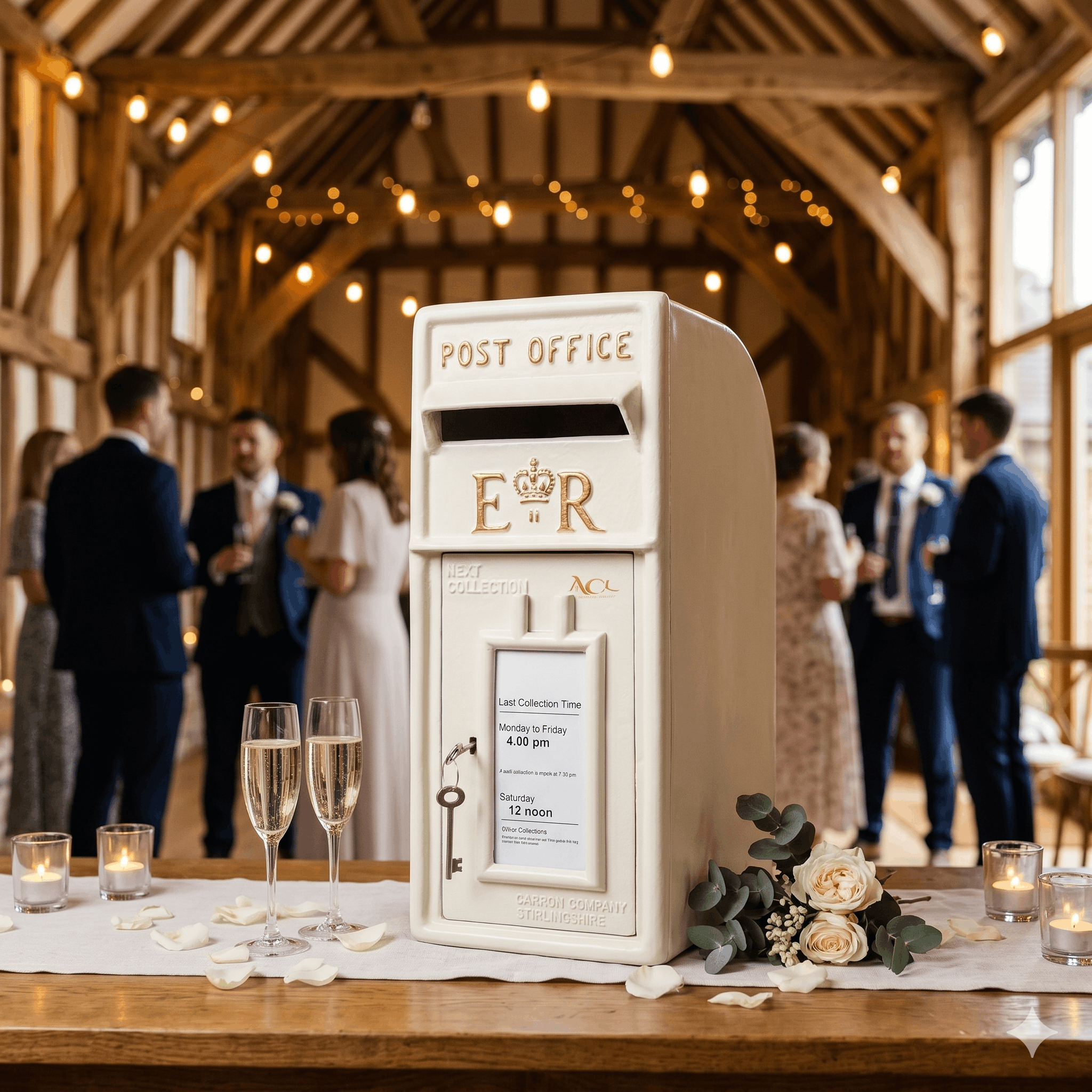 Wedding post box on a barn venue table surrounded by candles, roses and champagne flutes