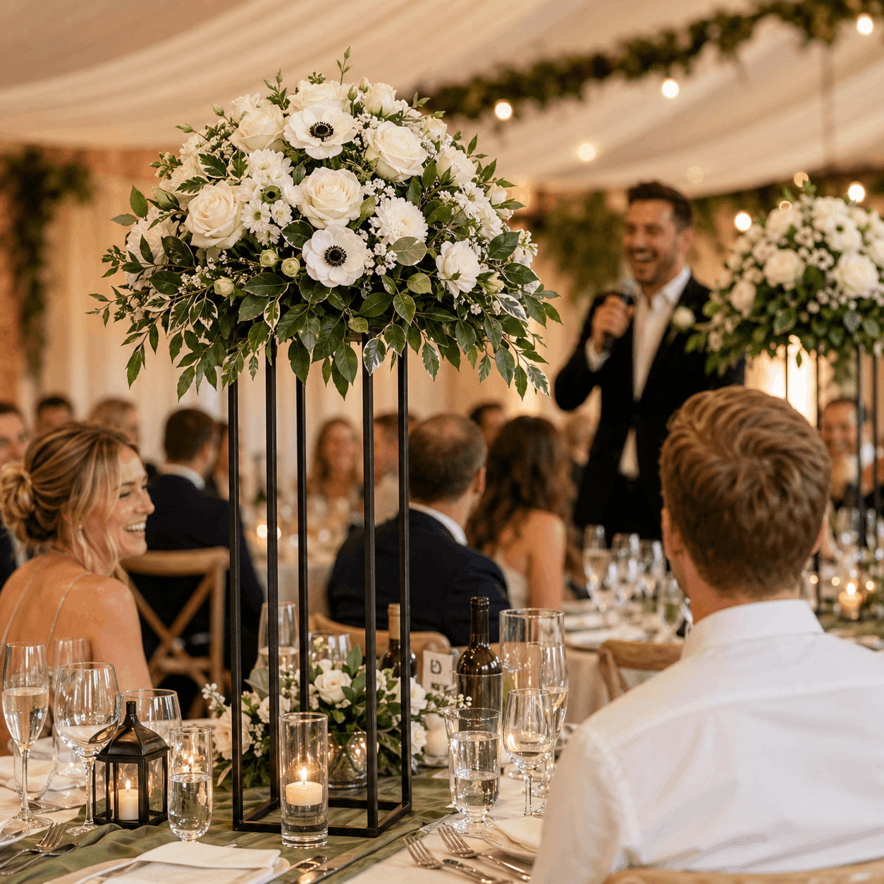 Floral centrepiece during wedding speeches