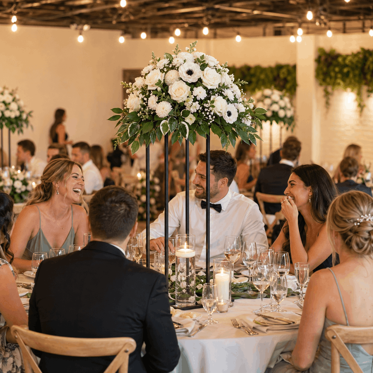 Guests laughing at reception table with centrepiece