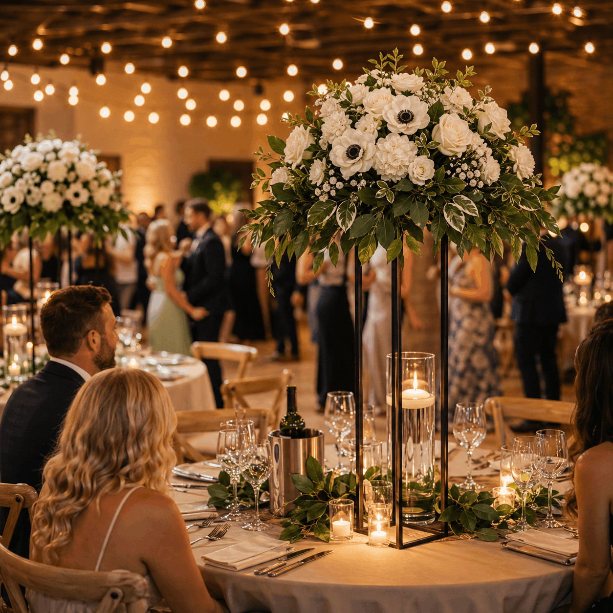 Evening reception centrepiece with dancers behind
