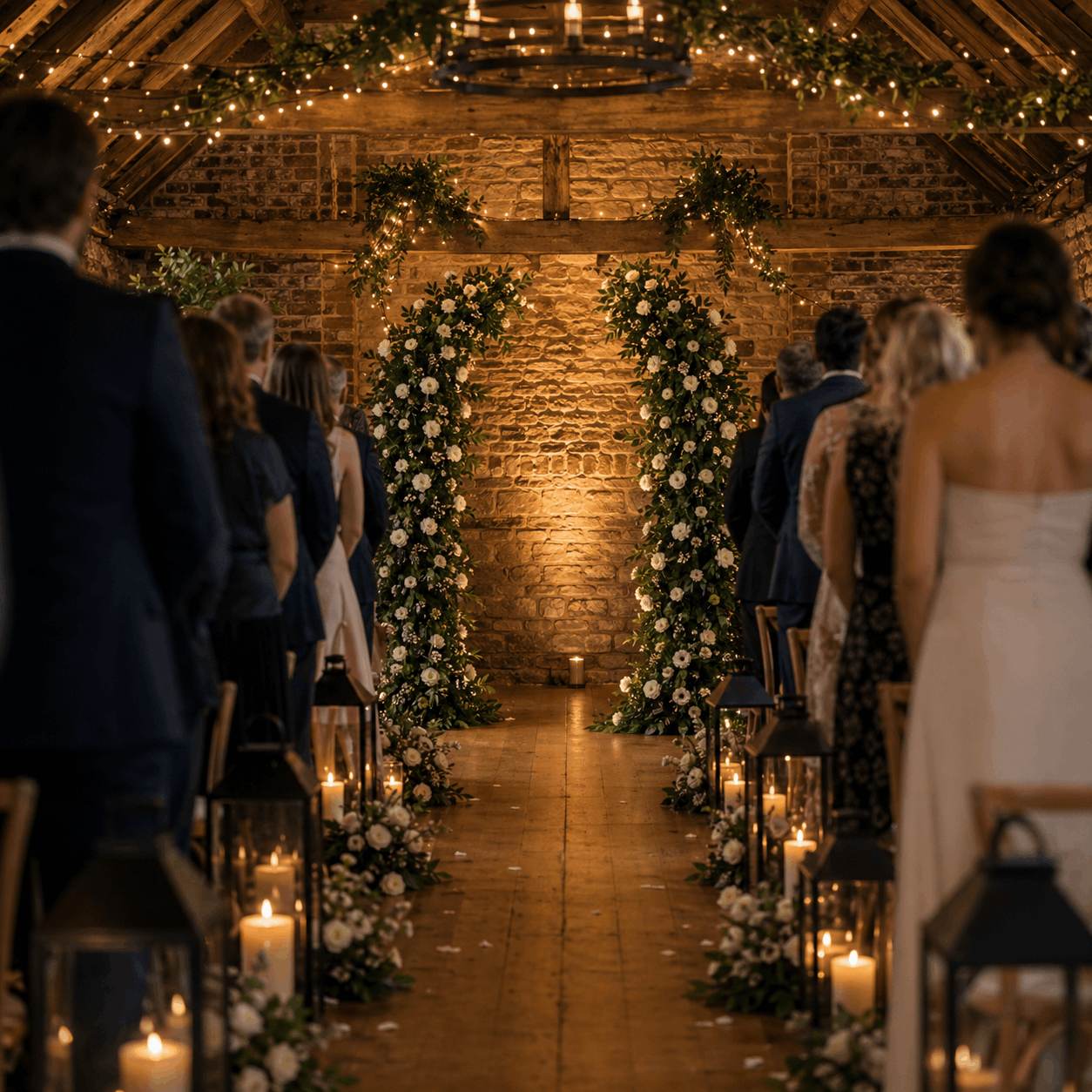 Candlelit barn ceremony with arch and lantern-lined aisle