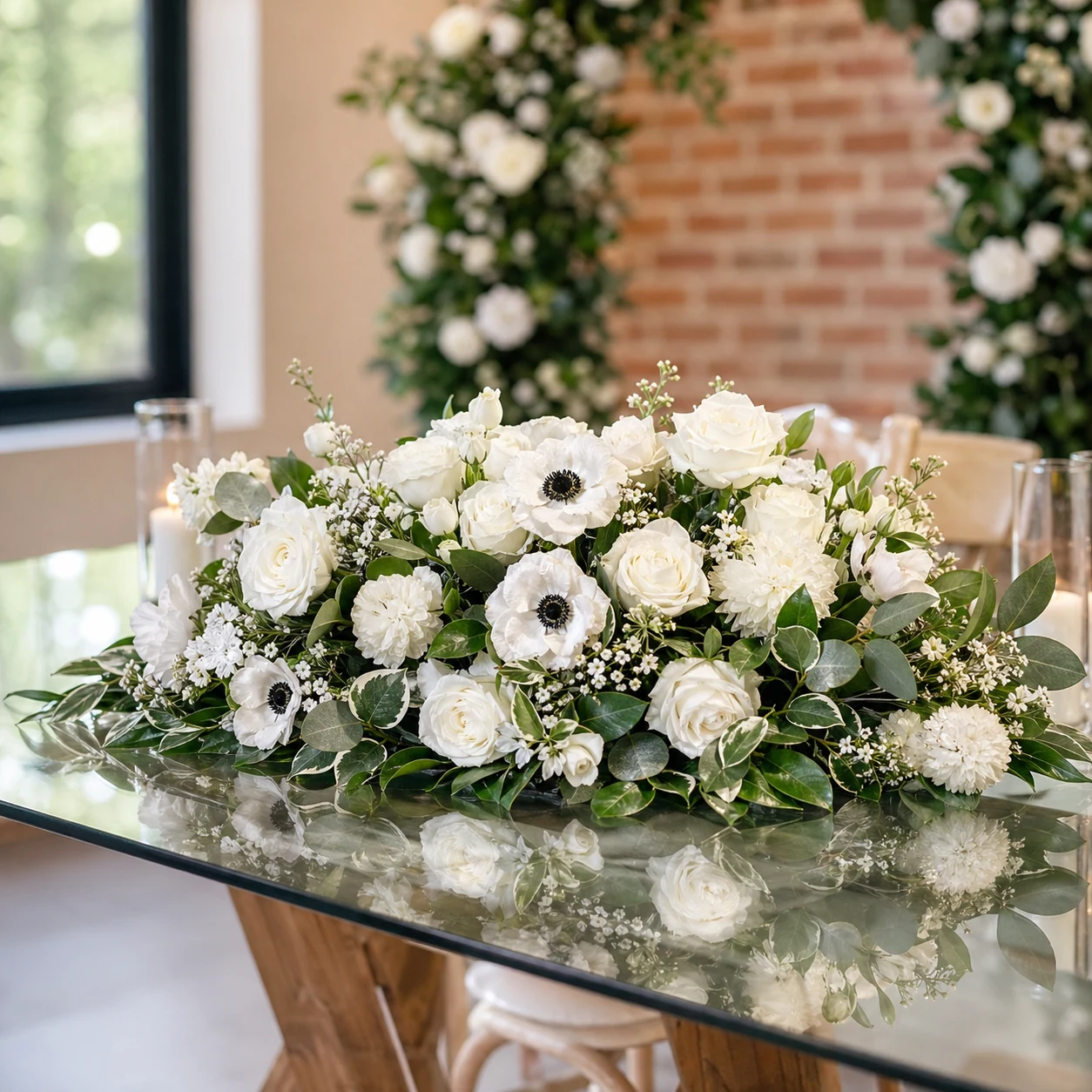 Low white floral arrangement on glass register table with roses and anemones