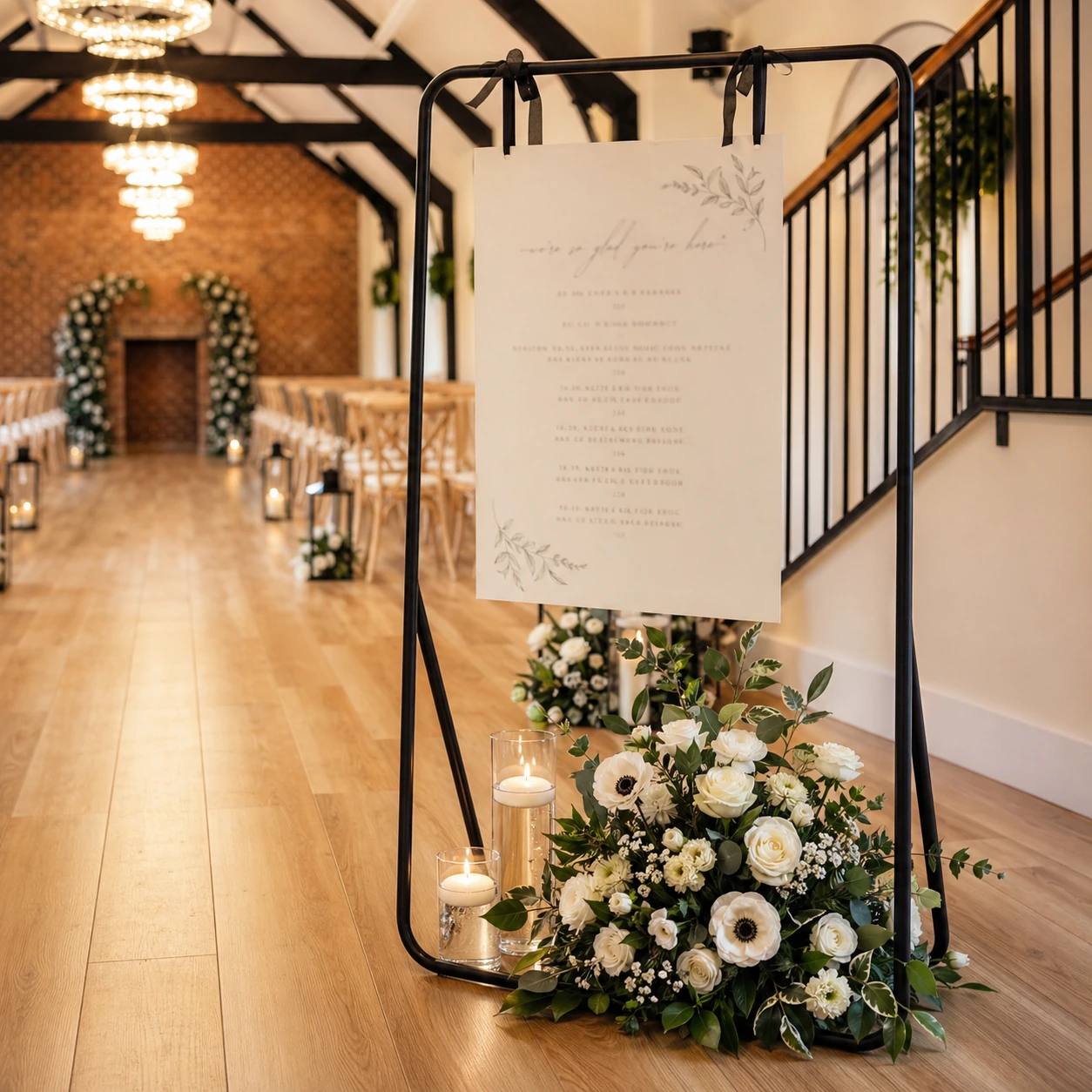 Welcome sign with white floral arrangement at the base in a barn ceremony venue
