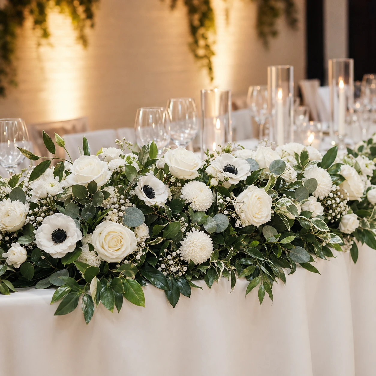 Lush white floral runner across the top table with roses, anemones and eucalyptus