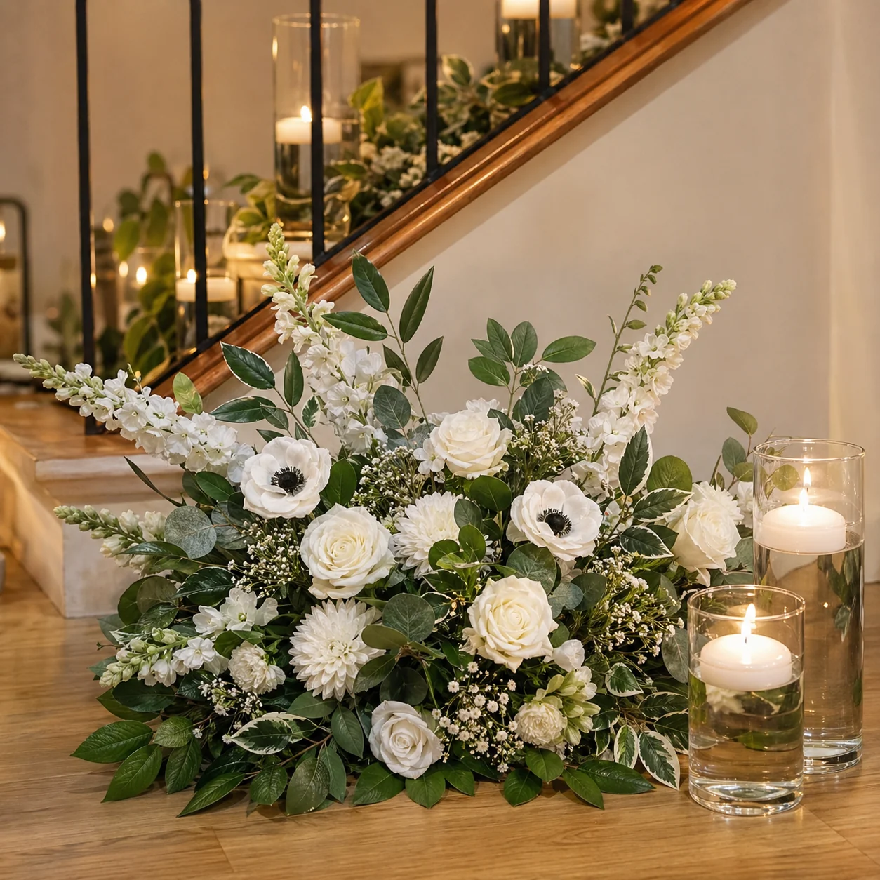 Large white floral floor arrangement at the base of a staircase with hurricane candles
