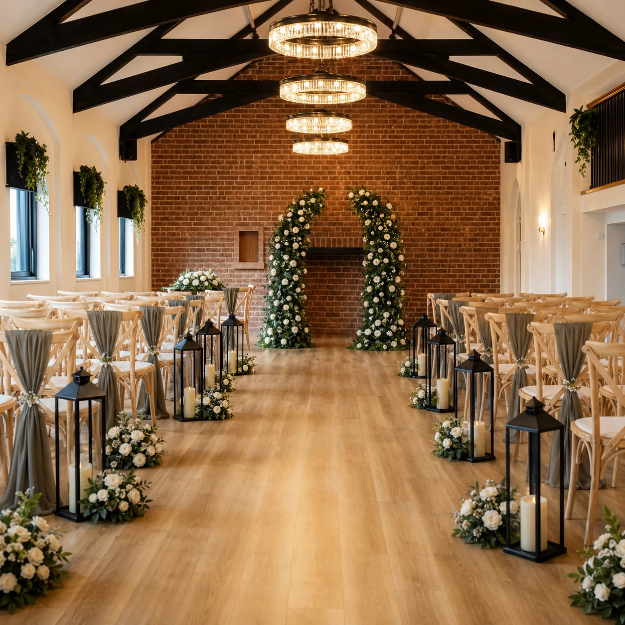 Ceremony aisle lined with black lanterns and white mounded floor arrangements, arch at the far end